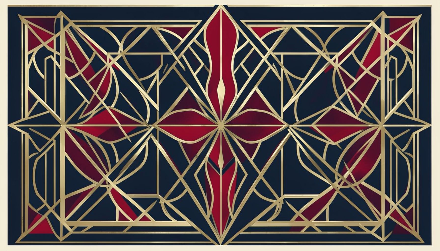 An art-deco geometric composition with symmetrical motifs in muted gold, deep navy, and cream tones, evoking order and reasoned debate